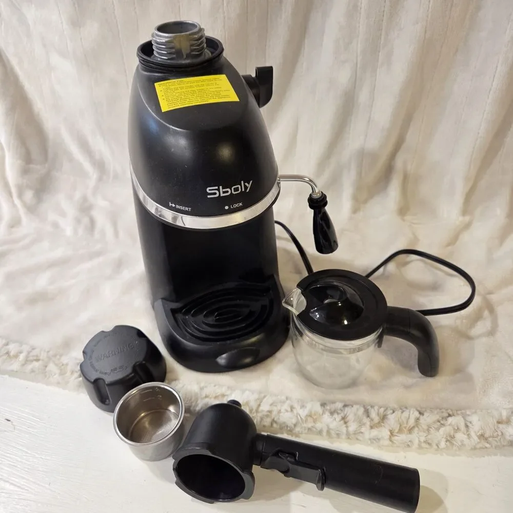 Sboly Black Espresso Machine for Ground Coffee 4-Cup Steam Wand Analog